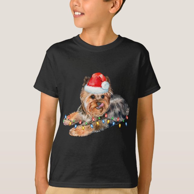 Yorkie jul Light Puppy Hund Funny Julafton T Shirt (Framsida)