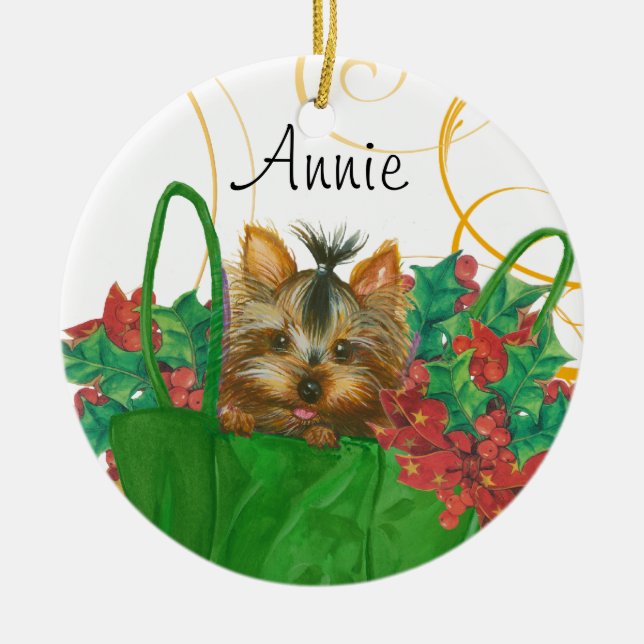 Yorkie Julgran Ornament med Holly (Framsidan)