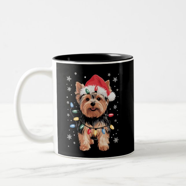 Yorkie julhund lång julpresent Två-Tonad mugg (Vänster)