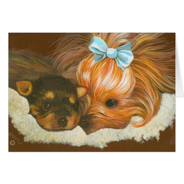 Yorkie-Mamma med valp Hälsningskort (Framsidan Horizontal)