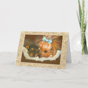 Yorkie Mamma & Puppy Porträtt Greeting Card Kort