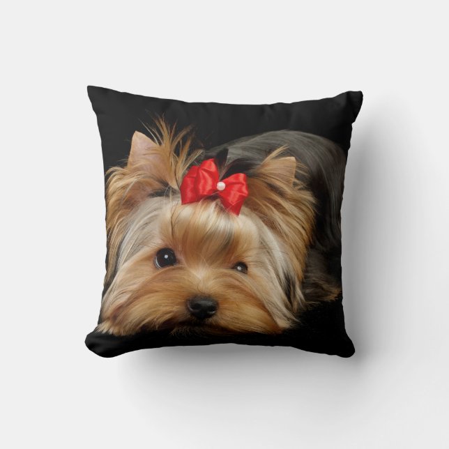 Yorkie med den röda pilbågen kudder kudde (Framsida)