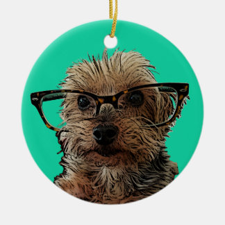Yorkie med exponeringsglas julgransprydnad keramik