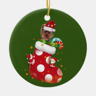 Yorkie med Hat Sock jul Julgransprydnad Keramik