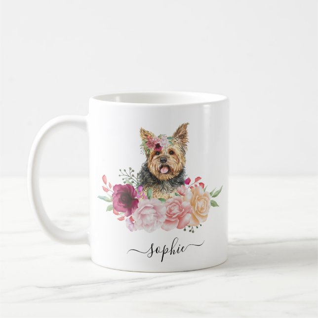 Yorkie Personlig Namn Blommigt Coffee Mugg (Vänster)
