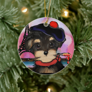 YORKIE POO KONSTNÄR I PARIS JULGRANSPRYDNAD KERAMIK