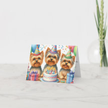 Yorkie Puppy Birthday Card med Party Hats
