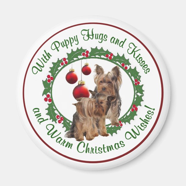 Yorkie Puppy Hugs & Kisses Warm God Jul Önskemål Magnet (Framsidan)