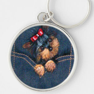 Yorkie Puppy i Pocket Rund Silverfärgad Nyckelring
