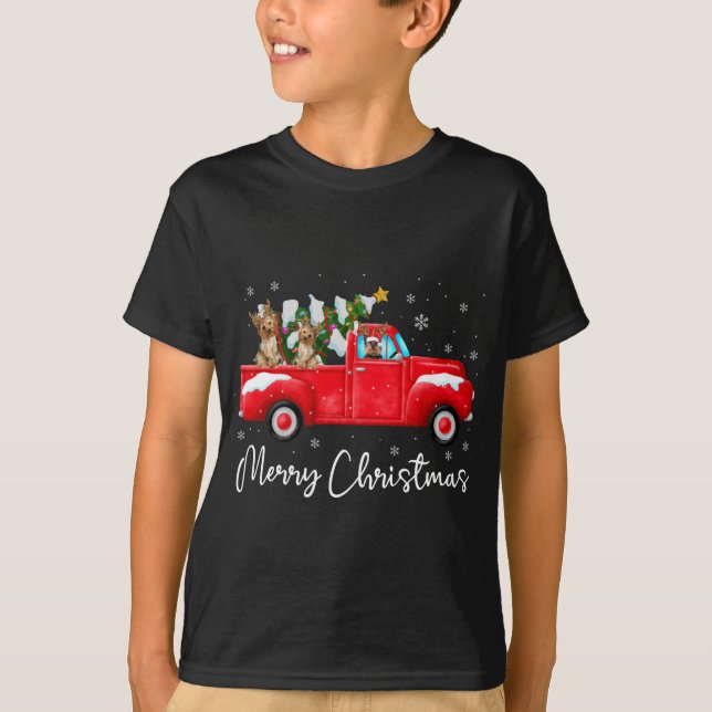 Yorkie Red Lastbil jul Santa Hat Hund Julafton T Shirt (Framsida)