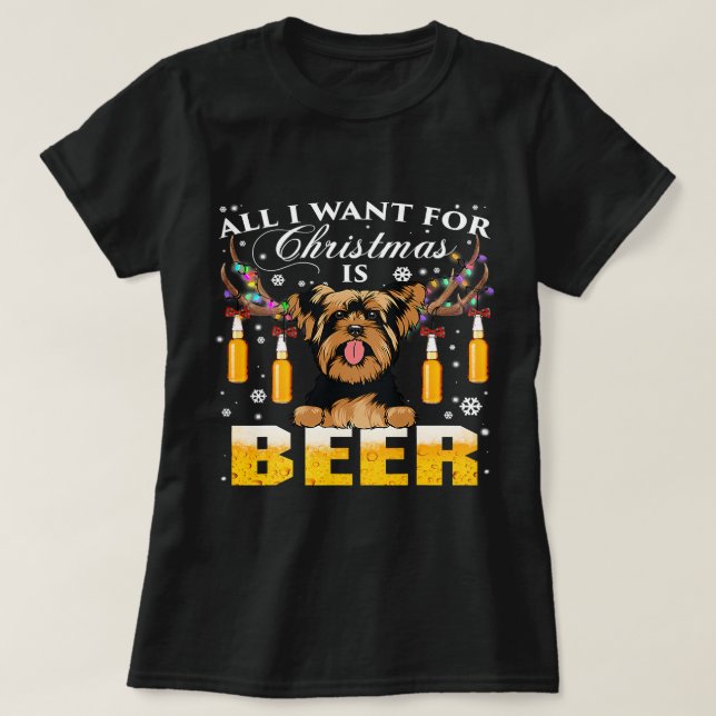 Yorkie Reindeer Beer Christmas Ornaments Xmas Ligh T Shirt (Design framsida)