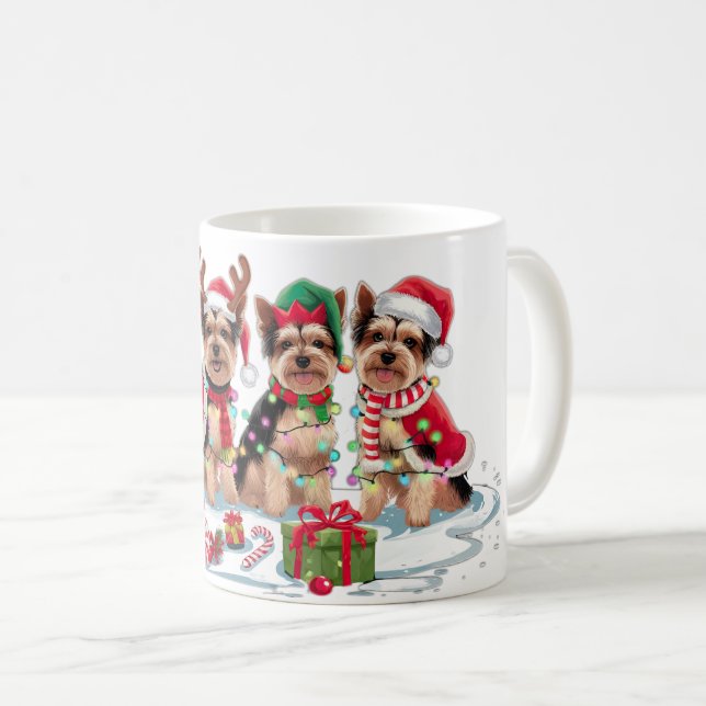 Yorkie Santa attantlers elf jul ljus Kaffemugg (Framsida höger)