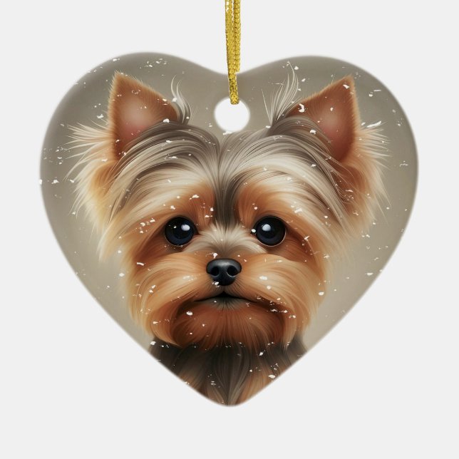 Yorkie Snowy Moment jul Cute Julgransprydnad Keramik (Framsidan)