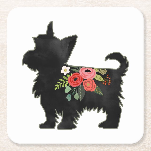 Yorkie Terrier Hund aveln Boho Blommigt Silhouette Underlägg Papper Kvadrat (Framsidan)