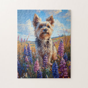 Yorkie Terrier Lila Lupine Flowers Pussel