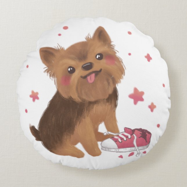 Yorkie the Cutest Trouble Maker Rund Kudde (Framsidan)