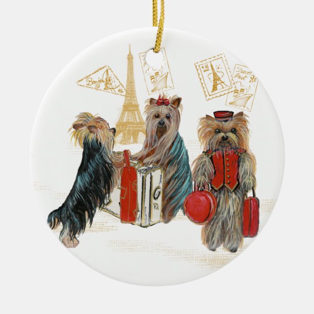 Yorkie Travel Paris jul Ornamet Julgransprydnad Keramik (Framsidan)