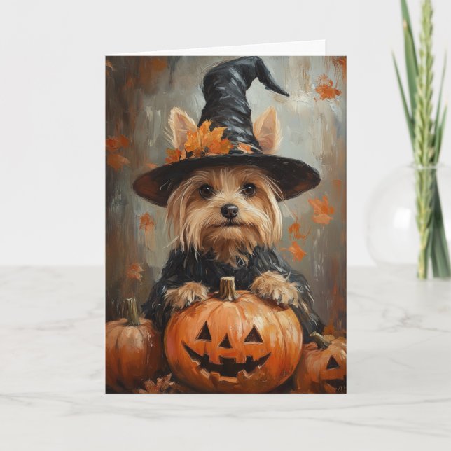 Yorkie Witch Halloween Helgkort (Framsida)