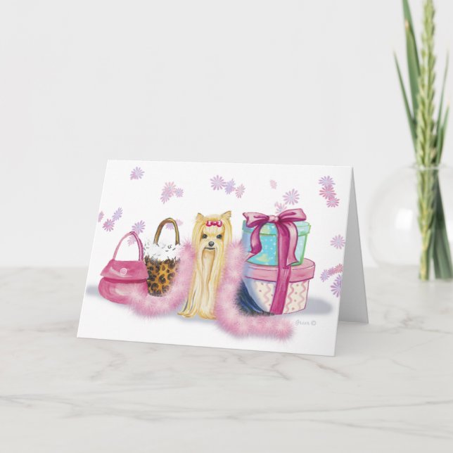Yorkie with Feather Boa Greeting Cards Kort (Framsida)