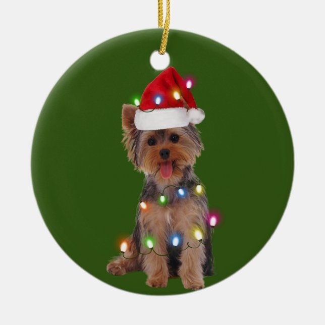 Yorkie with jul Scafts Santa Hat Gift Julgransprydnad Keramik (Framsidan)