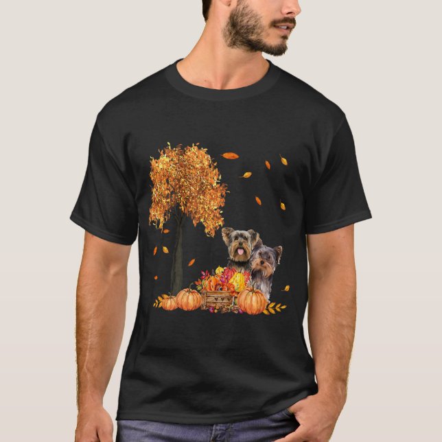 Yorkies Autumn Leaf Fall Dog Lover Thanksgiving T Shirt (Framsida)