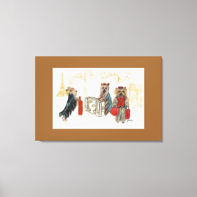 Yorkies & Eiffel Torn i Paris Traveling Canvastryck (Framsida)