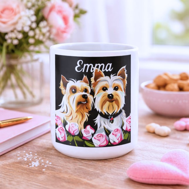Yorkies och Rosor Monogram Kaffemugg (Skapare uppladdad)