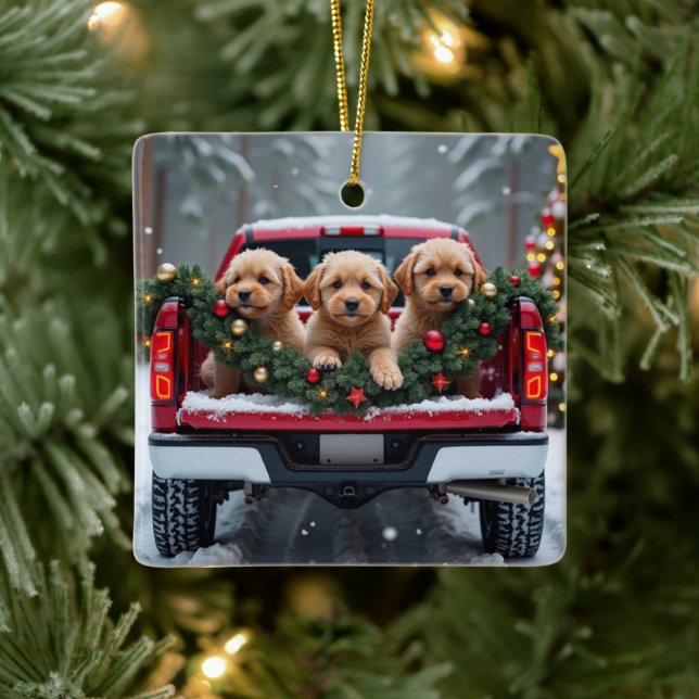 Yorkipoo Christmas Red Truck Holiday Gift Julgransprydnad Keramik (Träd)