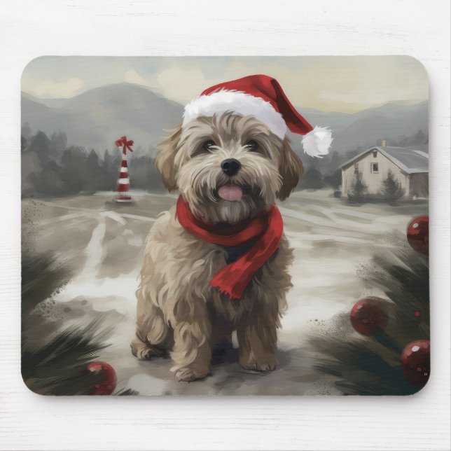 Yorkipoo-hund i snö jul musmatta (Framsidan)