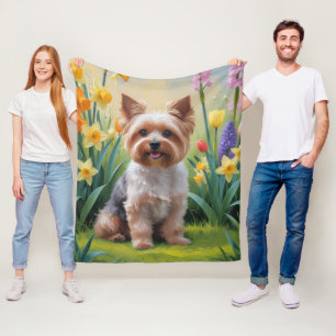 Yorkipoo Hund Vårblommor Målning Fleecefilt