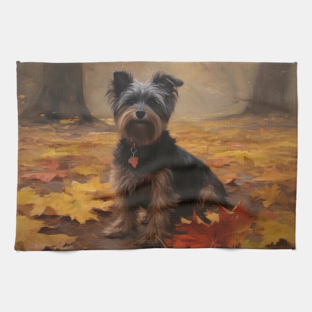 Yorkipoo i höstlöv Fall Inspire Kökshandduk (Horisontell)