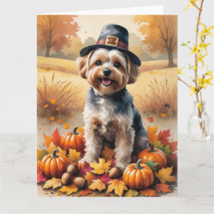 Yorkipoo i höstlöv Thanksgiving konst Kort