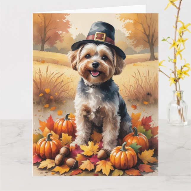 Yorkipoo i höstlöv Thanksgiving konst Kort (Gul blomma)