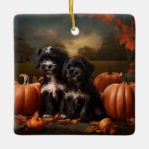 Yorkipoo Puppy Autumn Delight Pumpkin Julgransprydnad Keramik