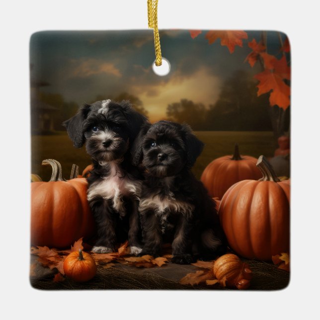 Yorkipoo Puppy Autumn Delight Pumpkin Julgransprydnad Keramik (Framsida)