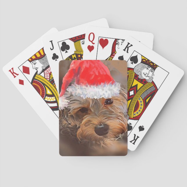 Yorkipoo som leker kortjultema kortlek (Baksidan)