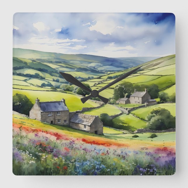 ’Yorkshire Meadowsong’ Landscape Yorkshire Dales Fyrkantig Klocka (Framsida)