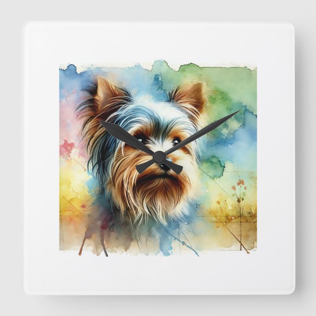 Yorkshire Terrier 080724AREF106 - Watercolor Fyrkantig Klocka (Framsida)