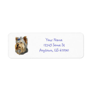 Yorkshire Terrier Bust Blue Bow Labels Returadress Etikett
