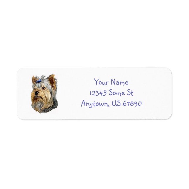 Yorkshire Terrier Bust Blue Bow Labels Returadress Etikett (Framsidan)