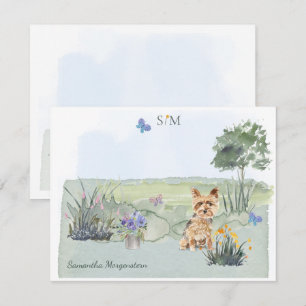 Yorkshire Terrier Butterfly Meadow Monogram Namn Anteckningskort