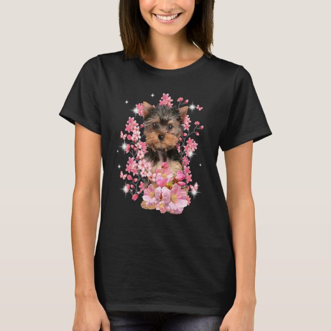 Yorkshire Terrier Cherry Blossom Flowers T Shirt (Framsida)