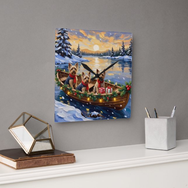 Yorkshire Terrier Christmas Boat Holiday Fyrkantig Klocka (Kontor)