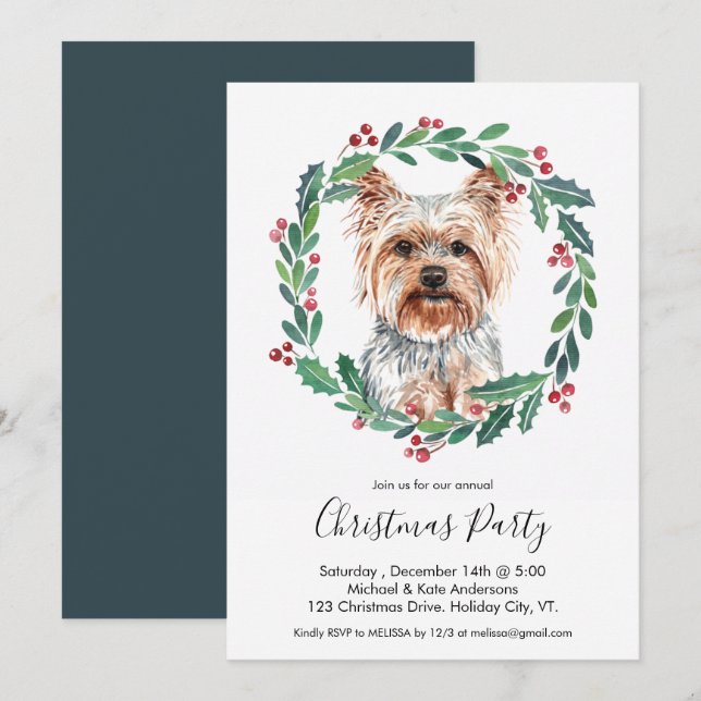 Yorkshire Terrier Cute Hund Elegant jul Party Inbjudningar (Fram/baksida)