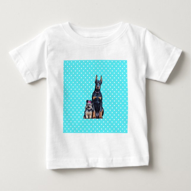 Yorkshire Terrier Doberman Blue Polka dots T Shirt (Framsida)