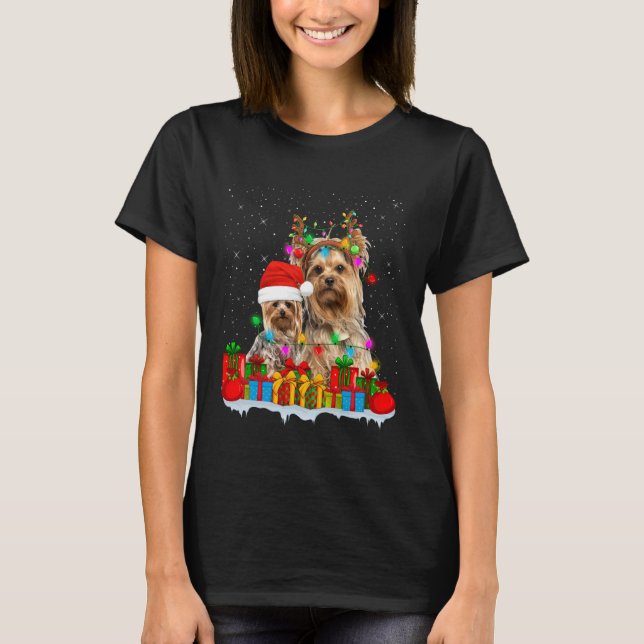 Yorkshire Terrier Dog Christmas Lights Reindeer Sa T Shirt (Framsida)