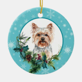 Yorkshire Terrier Evergreen Blue Snowflake Gräns Julgransprydnad Keramik