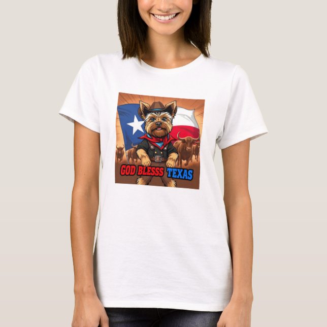 Yorkshire Terrier God Bless Texas T Shirt (Framsida)