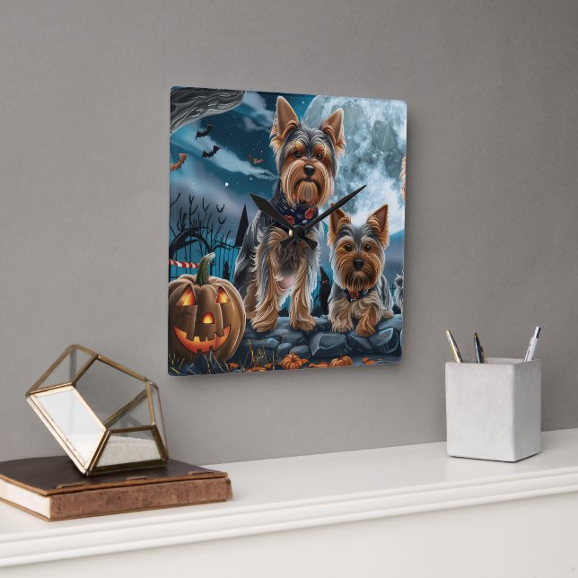 Yorkshire Terrier Halloween Kuslig Fyrkantig Klocka (Kontor)