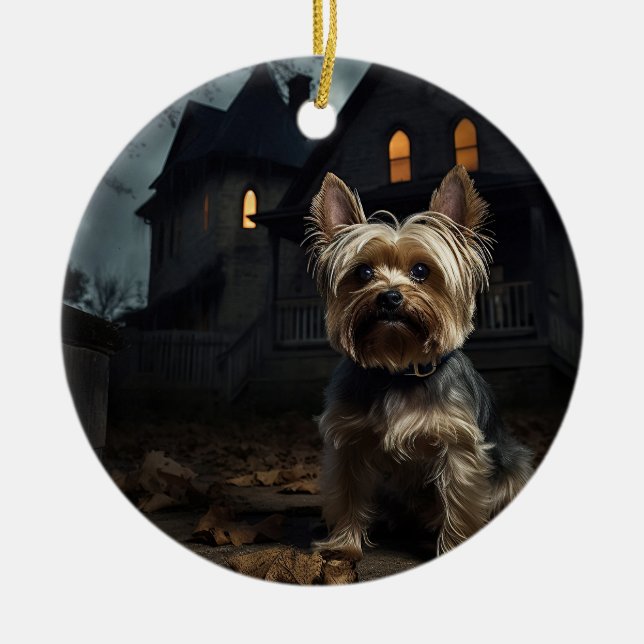 Yorkshire Terrier Halloween Scary Julgransprydnad Keramik (Framsidan)